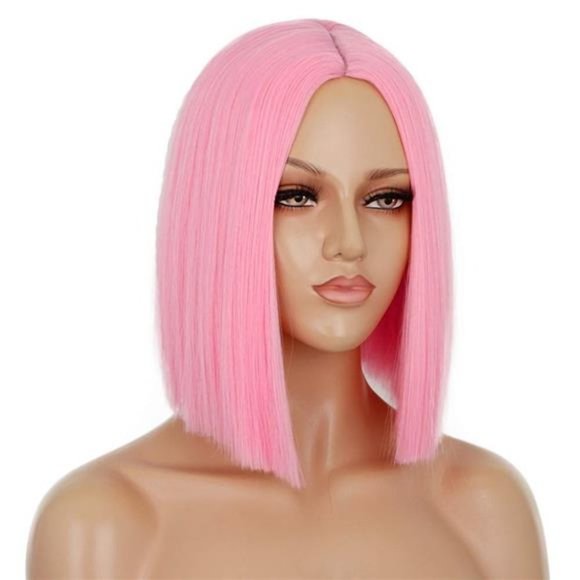 Pink Wig Synthetic Straight Hair Middle Part Shoulder Length Bob Wigs for Women - Picture 1 of 6